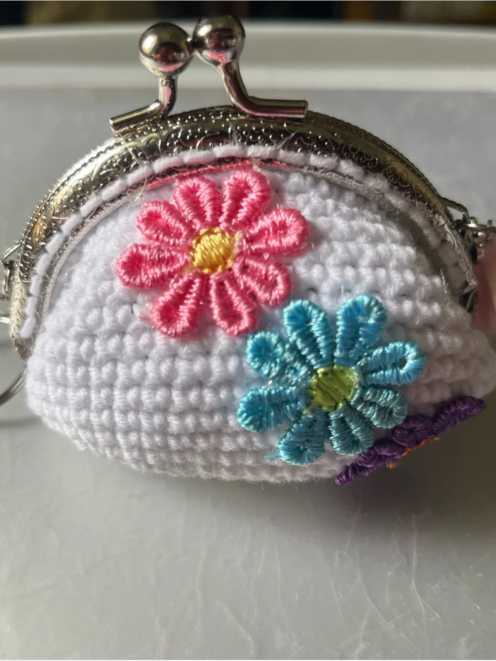 White Crochet Coin Purse with Pink, Blue & Purple Flower Appliqués New 3”x3.5”